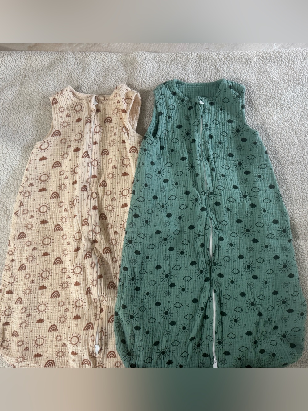 Kids Sleeveless Muslin Sleep Sacks in Cream and Green with Sun & Rainbow Prints